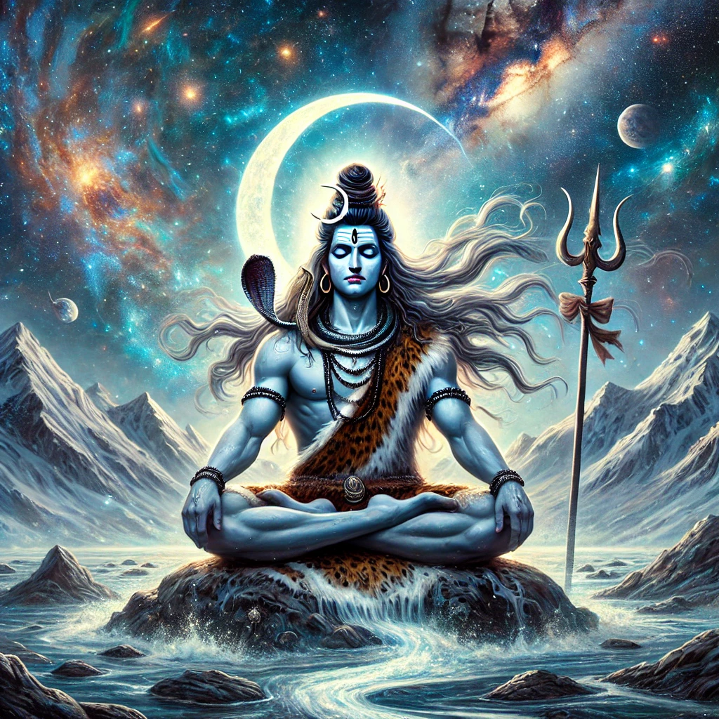 Lord Shiva in meditation, a cosmic form, or surrounded by elements like mountains, rivers, or the moon